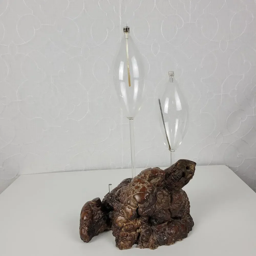 Vintage Oil Candle Lamp Burl Root Designs Glass Lantern Wood Base MCM Retro